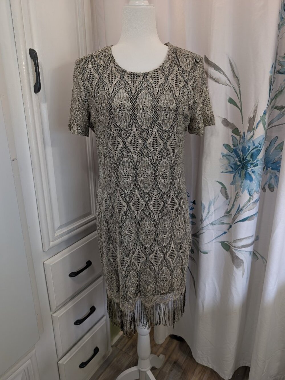 Vintage 20s Flapper Gatsby Fringe Gold Metallic Lace Cocktail Midi Dress Size 12